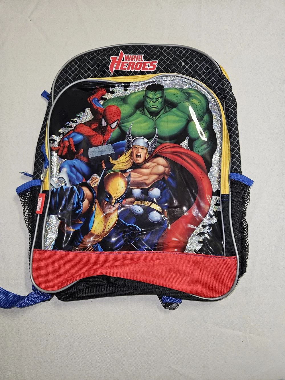 NWOT Marvel Heroes Backpack Wolverine Spider-Man Hulk Thor Glitter Vintage Bag